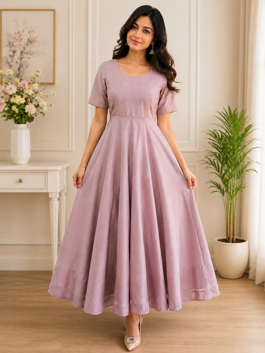 Elegant Mauve Embroidered Anarkali Dress
