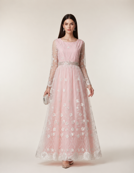 Blush Pink Floral Embroidered Net Anarkali Gown