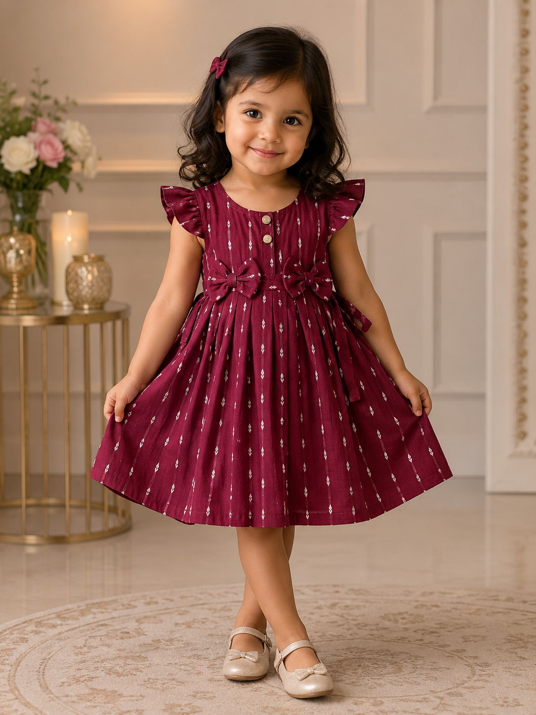Cute Maroon Bow Design Frock