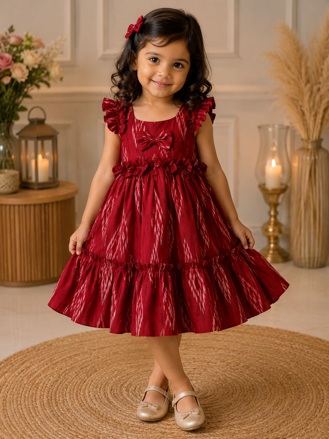 Elegant Red Frill Bow Frock