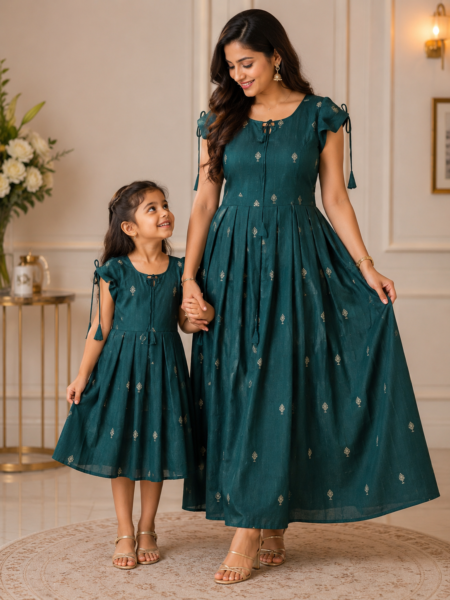 Elegant Teal Green Mother Daughter Matching Dress