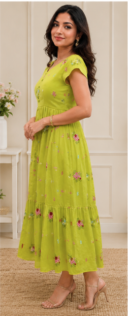 Elegant Lime Green Floral Embroidered Dress - Image 2