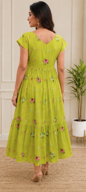 Elegant Lime Green Floral Embroidered Dress - Image 3