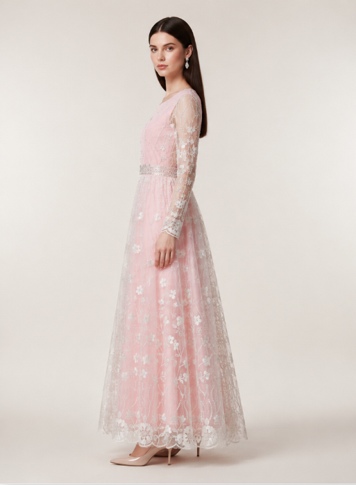 Blush Pink Floral Embroidered Net Anarkali Gown - Image 2