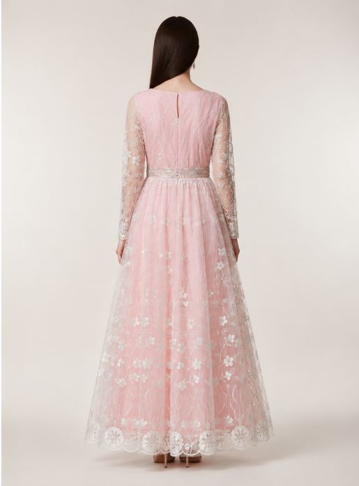Blush Pink Floral Embroidered Net Anarkali Gown - Image 3