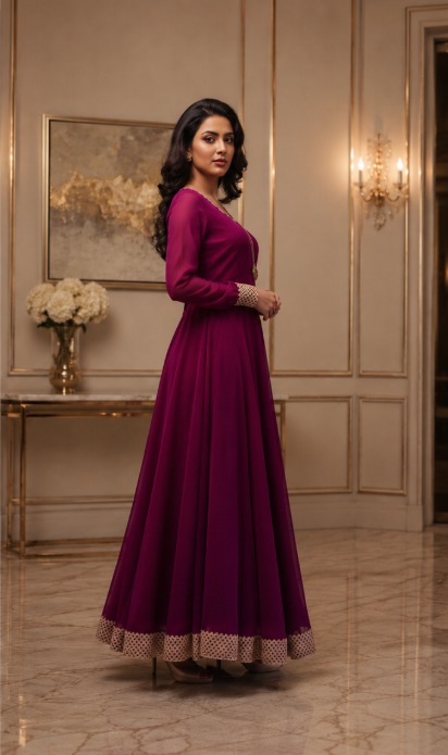 Royal Wine Purple Designer Anarkali Gown - Image 3