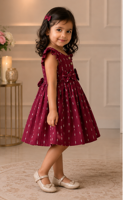Cute Maroon Bow Design Frock - Image 2