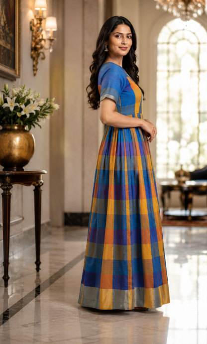 Royal Blue & Mustard Checked Anarkali Gown - Image 3