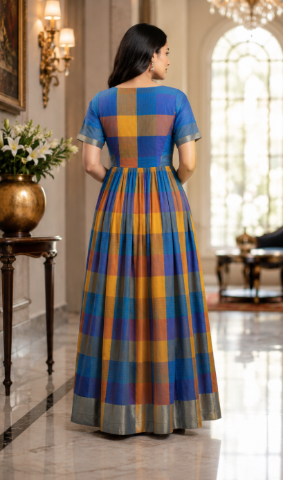 Royal Blue & Mustard Checked Anarkali Gown - Image 2