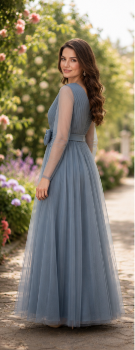 Dusty Blue Elegant Tulle Maxi Gown - Image 3
