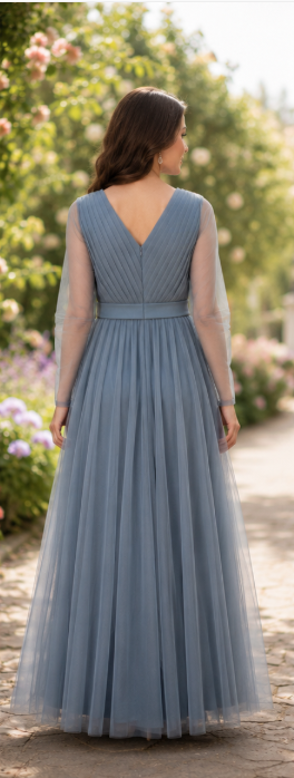 Dusty Blue Elegant Tulle Maxi Gown - Image 2