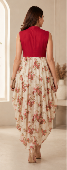 Floral Fusion Red Dhoti Style Indo-Western Dress - Image 2