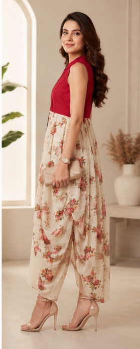 Floral Fusion Red Dhoti Style Indo-Western Dress - Image 3
