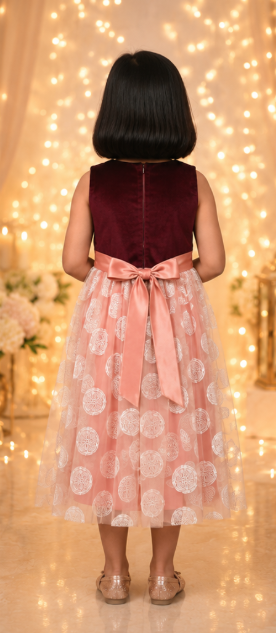 Elegant Velvet & Peach Net Party Dress for Girls - Image 2
