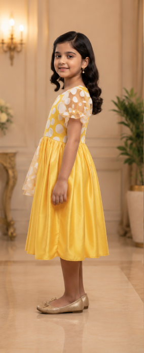 Sunny Bloom Yellow Polka Dot Satin Party Dress - Image 3