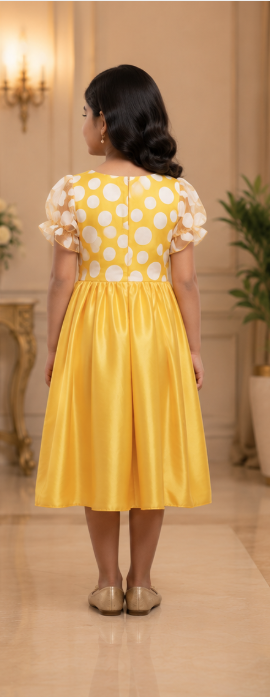 Sunny Bloom Yellow Polka Dot Satin Party Dress - Image 2