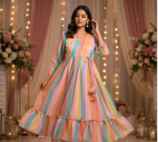 Pastel Rainbow Stripe Anarkali Dress