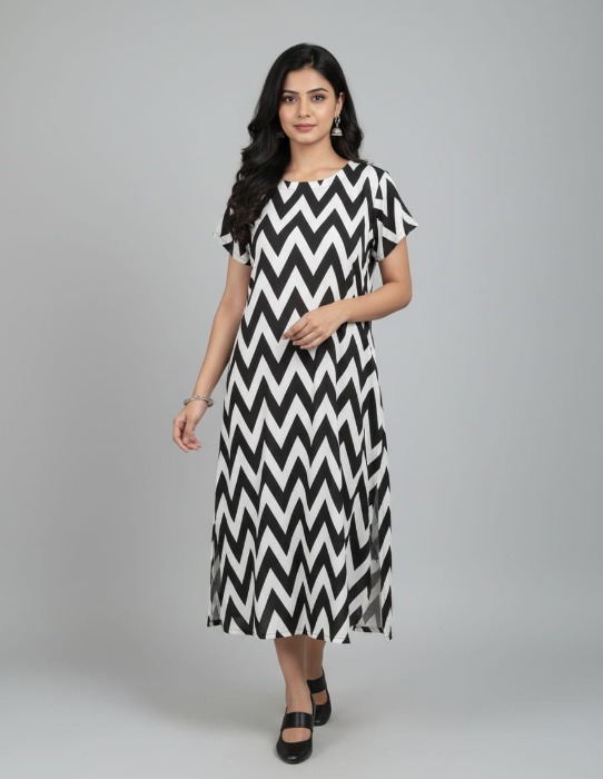 Elegant Black & White Chevron Print Maxi Dress Custom Stitching | Stitch My Style Elegant Black & White Chevron Print Maxi Dress Custom Stitching | Stitch My Style
