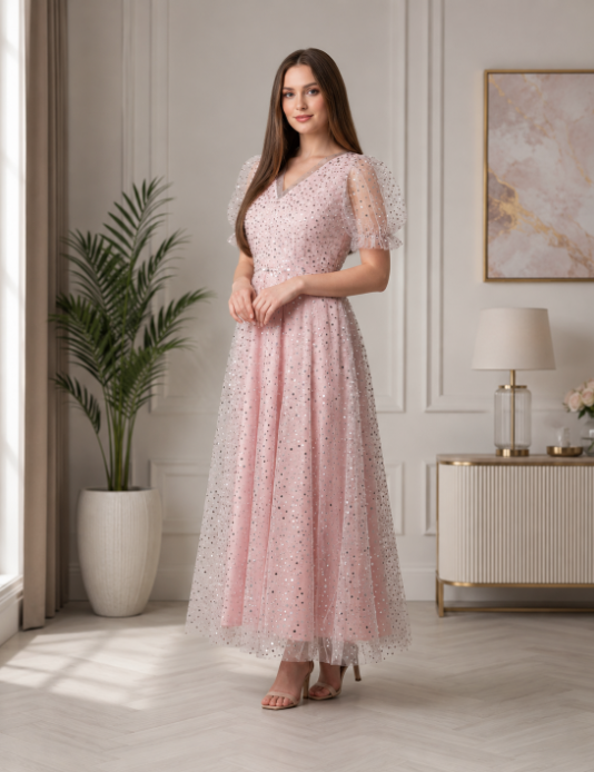 Blush Pink Shimmer Net Maxi Dress - Image 2