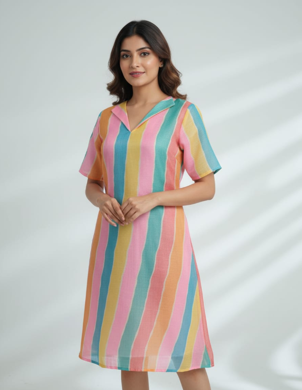 Pastel Rainbow Stripe Casual Midi Kurti