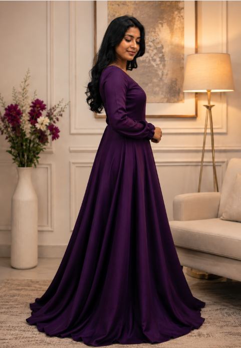 Elegant Plum Purple Full Length Party Wear Gown - Image 2