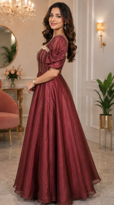 Elegant Wine Maroon Princess Gown - Image 2
