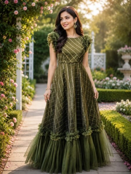 Olive Green Designer Party Wear Gown