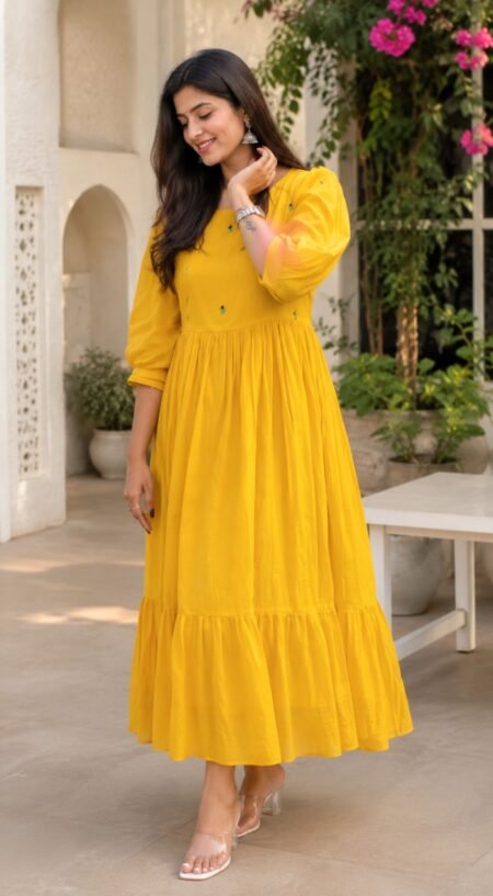 Sunshine Yellow Tiered Cotton Midi Dress