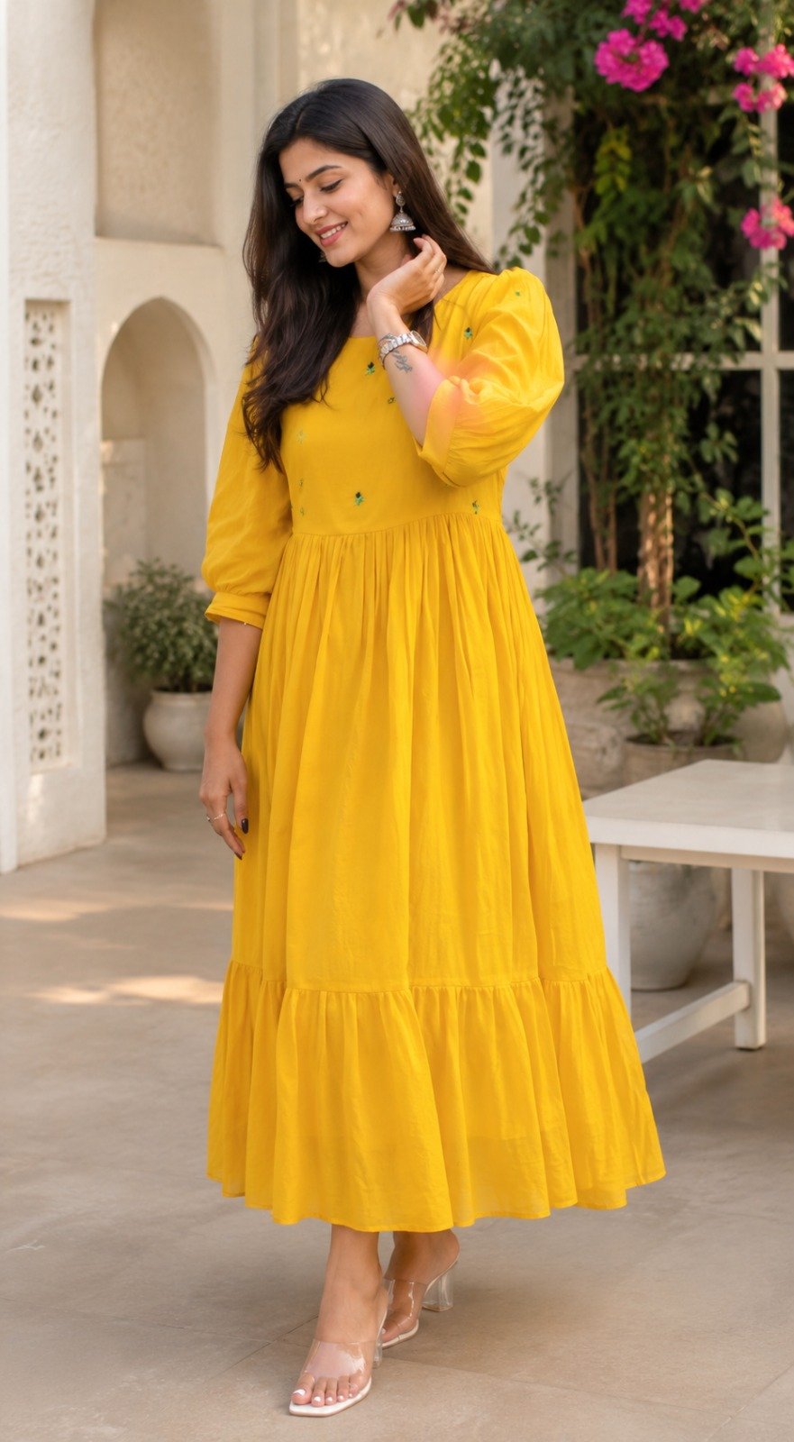 Sunshine Yellow Tiered Cotton Midi Dress