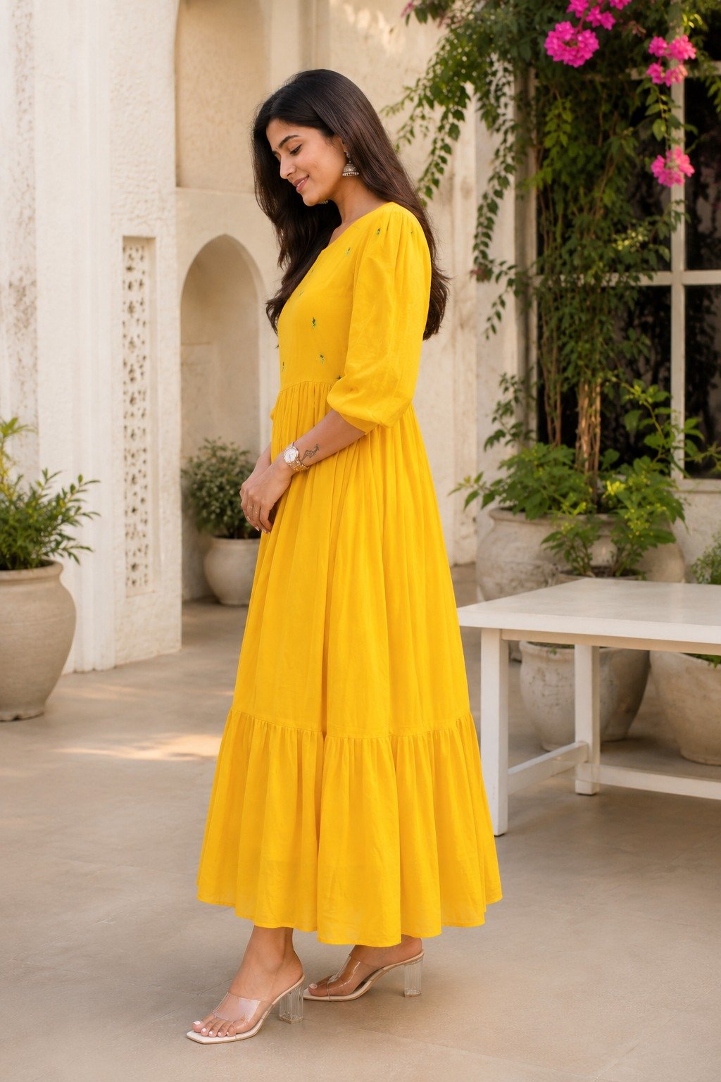 Sunshine Yellow Tiered Cotton Midi Dress - Image 2