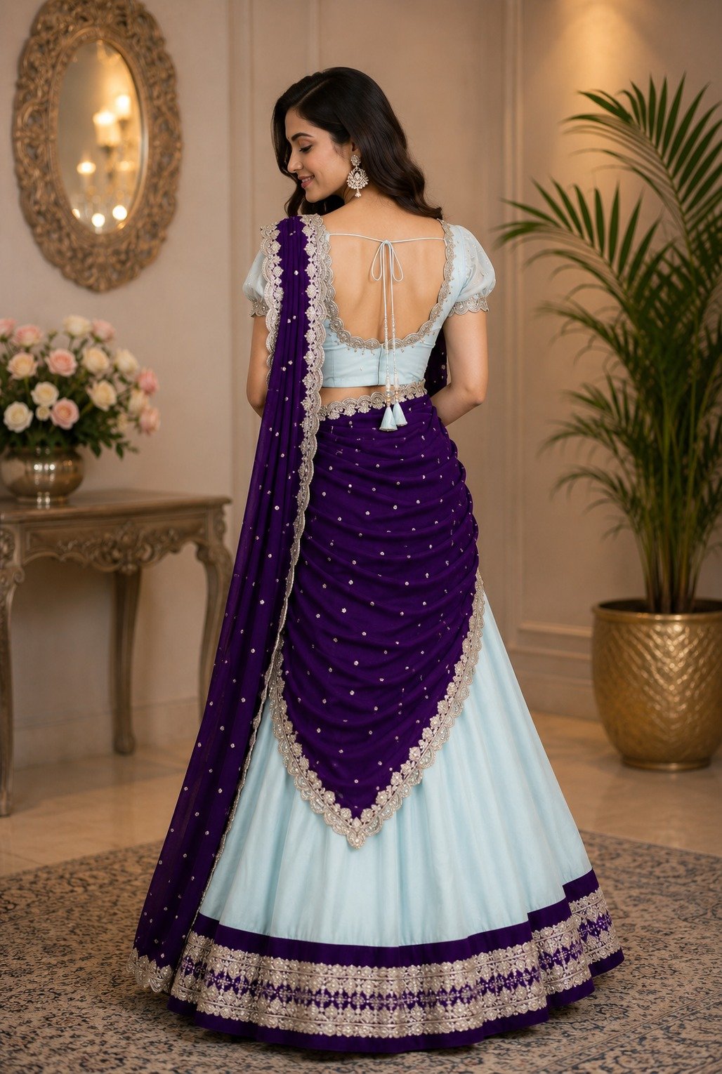 Sky Blue Lehenga Choli with Purple Dupatta - Image 2