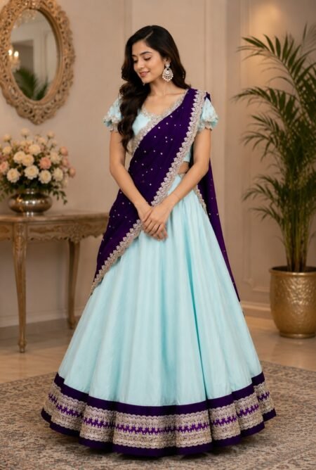 Sky Blue Lehenga Choli with Purple Dupatta
