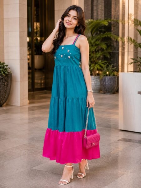 Teal & Pink Colorblock Cotton Midi Dress