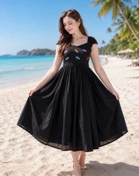 Black Embroidered Midi Dress