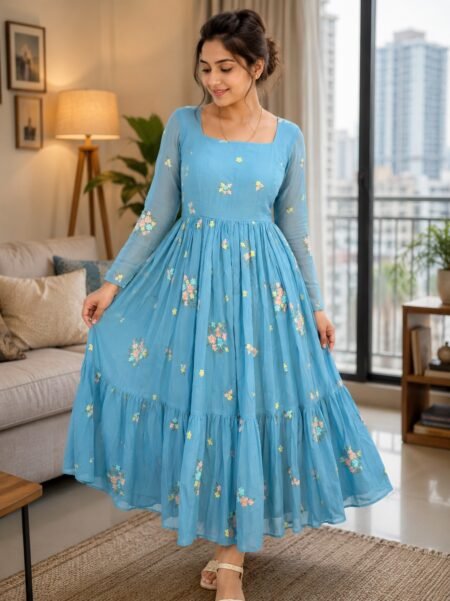 Sky Blue Floral Embroidered Maxi Dress