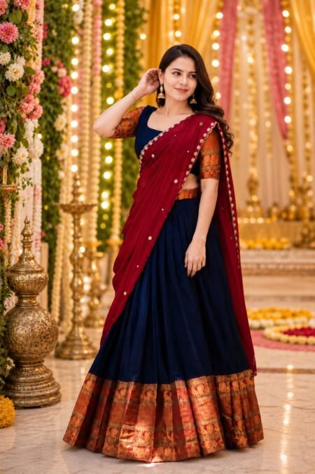 Navy Blue Lehenga Choli with Red Dupatta