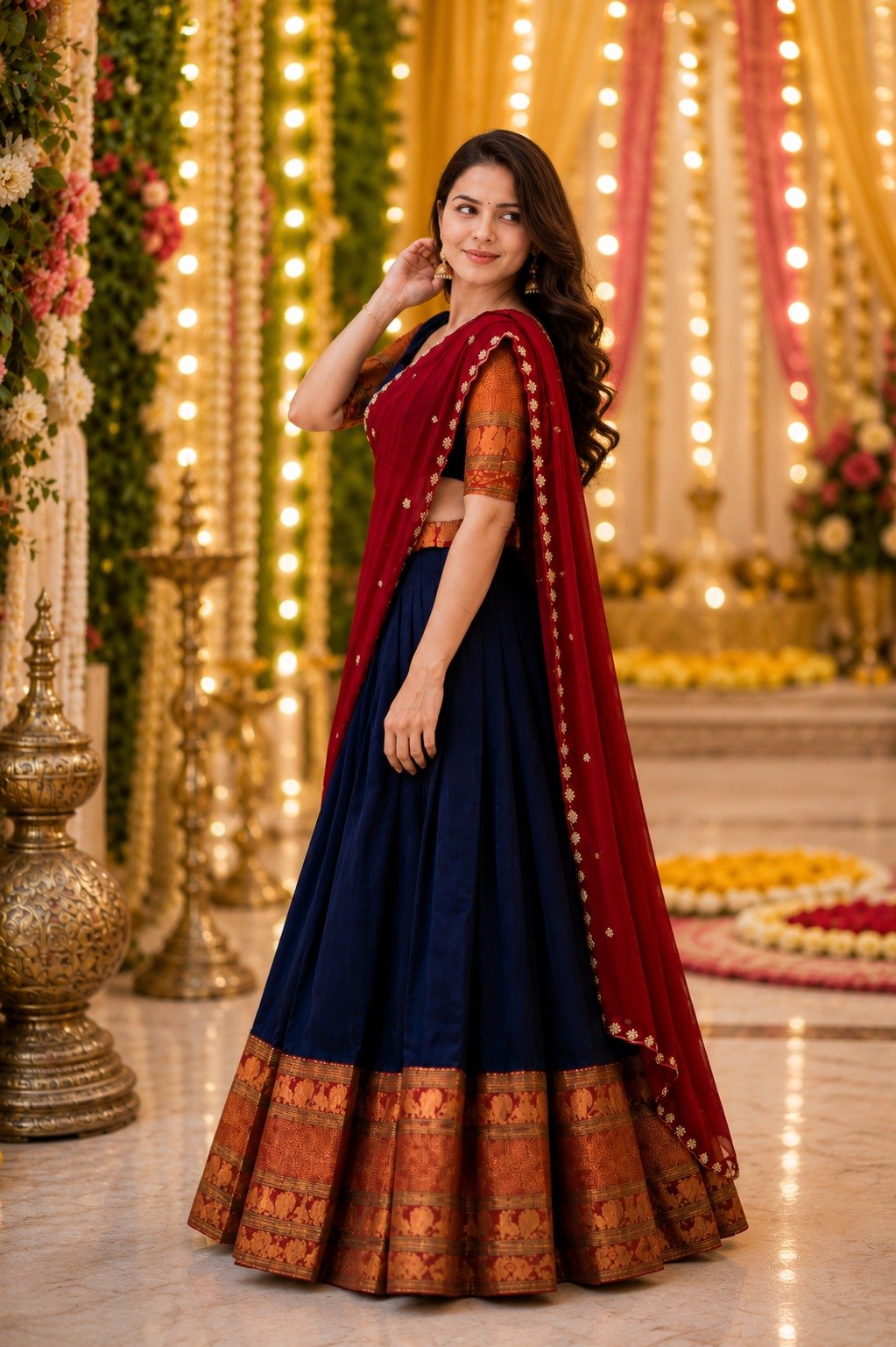 Navy Blue Lehenga Choli with Red Dupatta - Image 2
