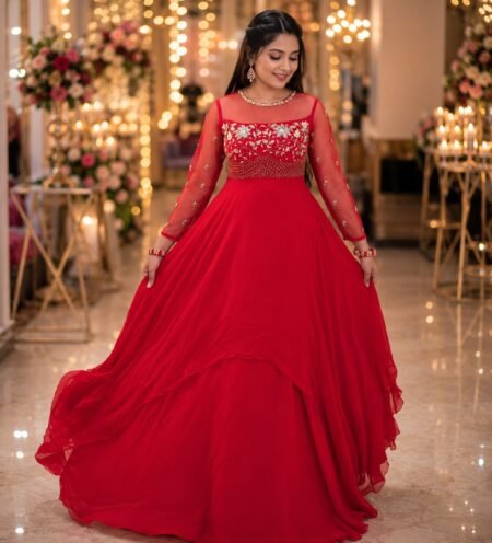 Red Embroidered Anarkali Gown for Women