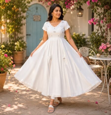 Elegant White Cotton Anarkali Dress